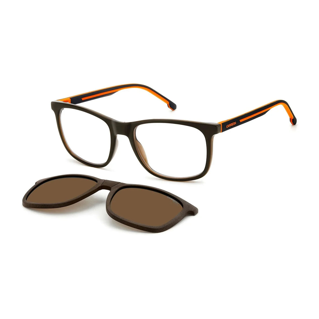 Carrera CA 8918/C brown square full-rim frames with sunglasses clips — premium men's eyewear at Amelya
